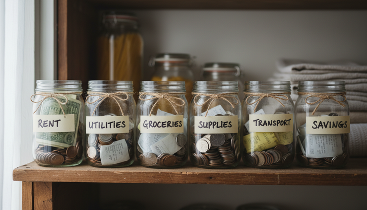 Eye-level view of labeled jars filled with coins and folded receipts on a pantry shelf.