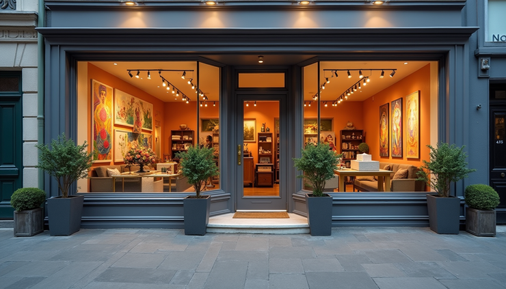 Eye-level view of a small shop storefront with inviting window displays
