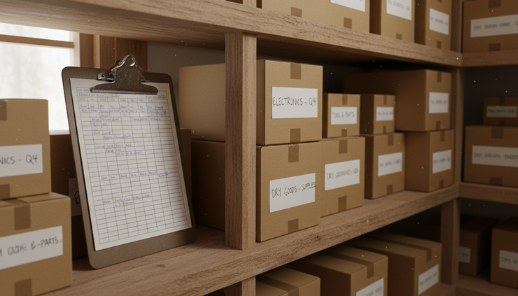 Close-up of a handwritten inventory log beside labeled boxes on wooden shelves