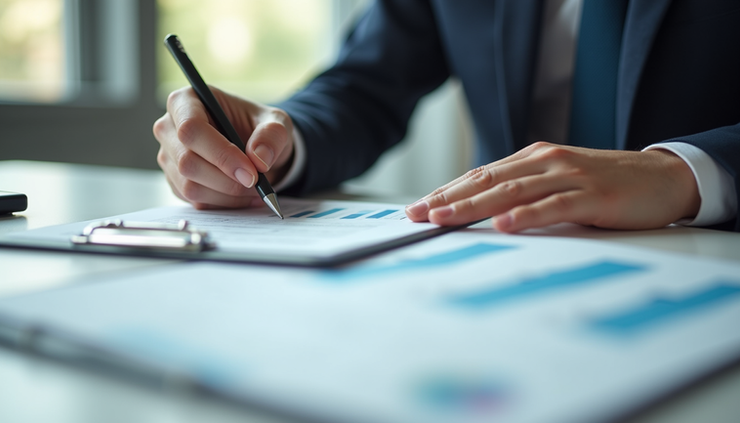 Eye-level view of a bookkeeper reviewing financial statements and tax documents at a desk