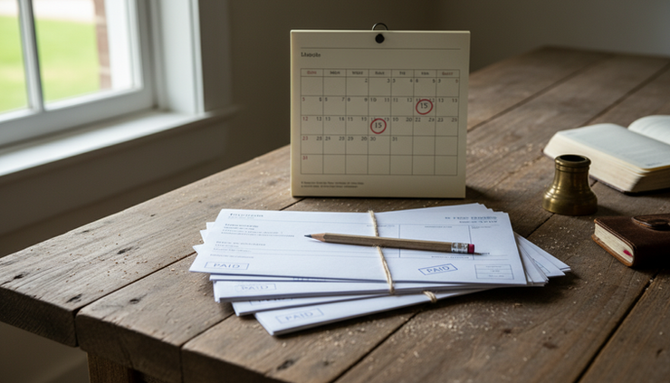 Close-up of a marked calendar beside neatly stacked invoices on a farmhouse table