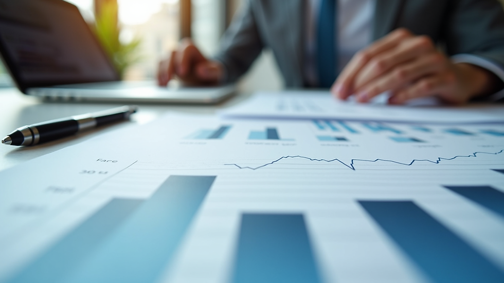 Eye-level view of a financial report with charts and graphs on a desk