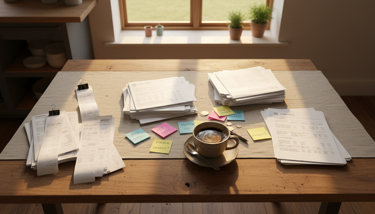 Overhead view of a kitchen table with sorted receipts, bank statements, and a cup of coffee