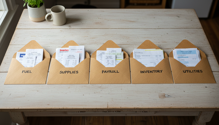 Overhead view of labeled envelopes filled with receipts