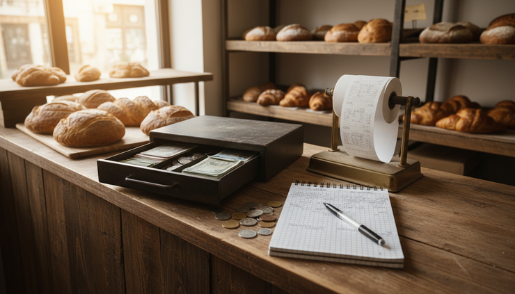 Wide-angle view of a small bakery counter with a cash drawer and handwritten sales log