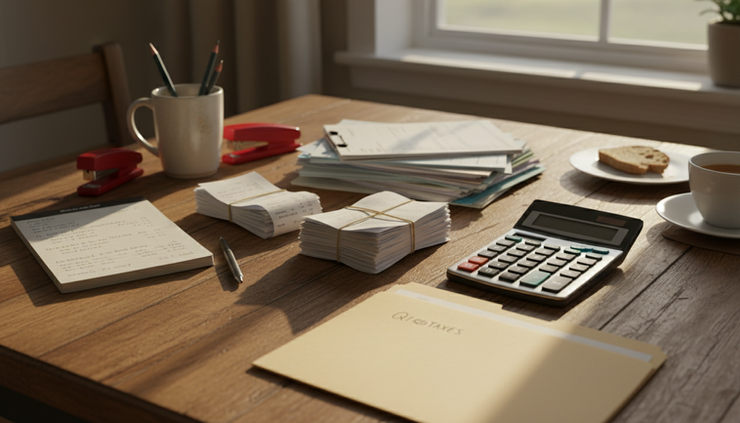 Overhead view of organized receipts and bank statements on a wooden kitchen table