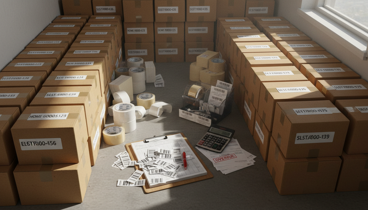 Overhead view of labeled inventory boxes, shipping supplies, and a clipboard in a storage room