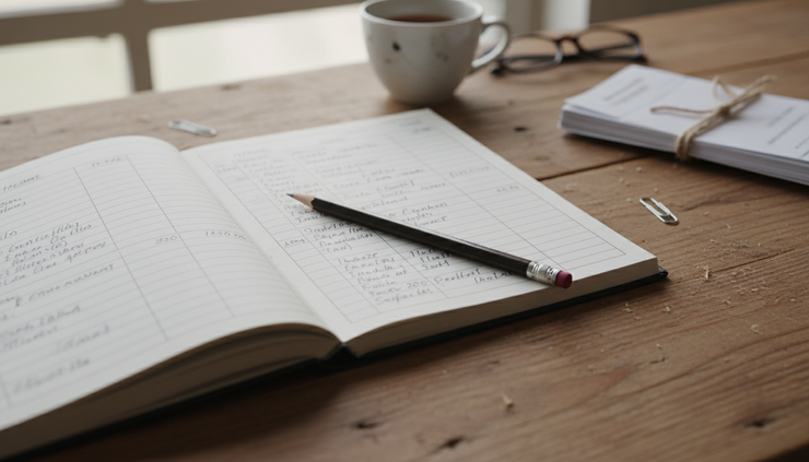 Close-up view of a handwritten ledger with neat columns and a pencil resting across the page.