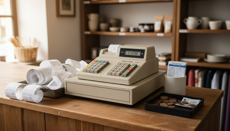 Eye-level view of a small storefront cash register with printed receipts