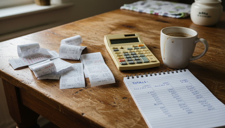 Close-up view of scattered receipts on a kitchen table