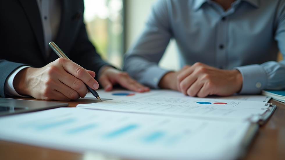 Close-up view of a business owner reviewing financial documents with a consultant