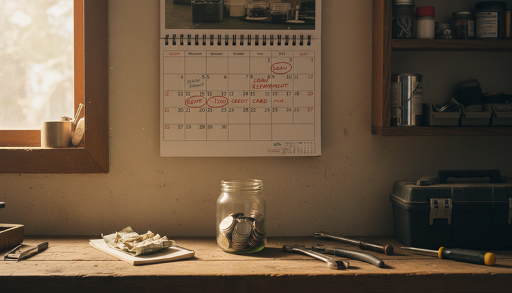 Eye-level view of a wall calendar, payment reminders, and a small jar of coins in a home workshop