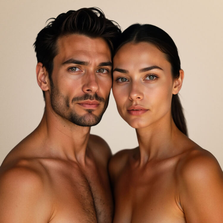 A man and woman with smooth, flawless skin standing closely together, representing long-lasting results from electrolysis hair removal treatment.