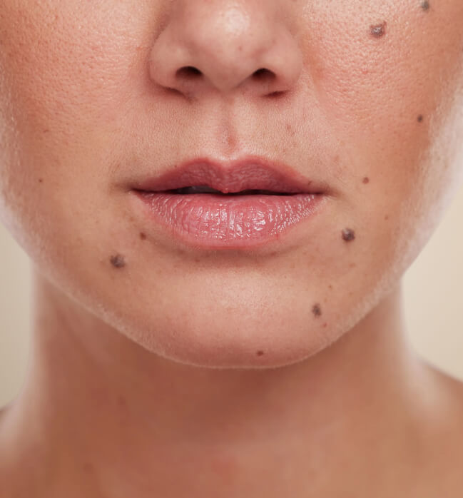 Close-up image of a woman with multiple benign moles on the lower face and chin.