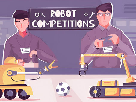 Illustration of students participating in a robotics competition, showcasing hands-on learning and the growing impact of STEM education in India through events like Techno Robotics.