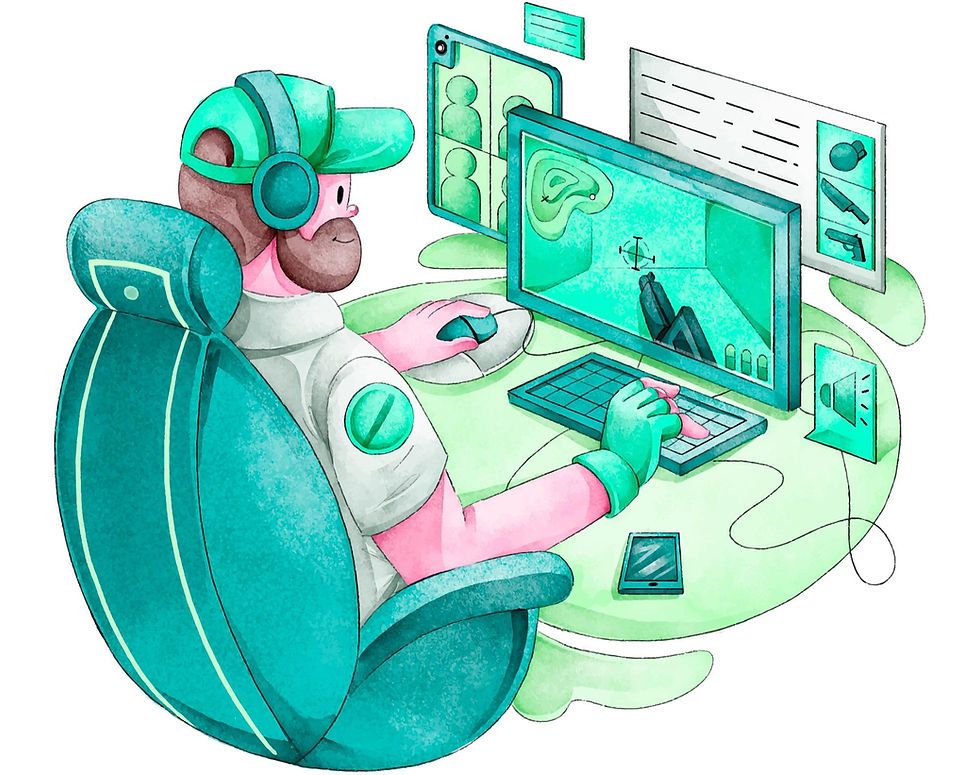 Illustration showing AI in Game Development with tools like ChatGPT, Unity, and AI design generators, used for creating characters, stories, and game logic