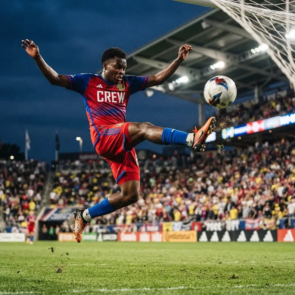Sports action photography. A soccer player in a blue and red jersey leaps mid-air to kick a soccer ball during a night game in a crowded stadium.