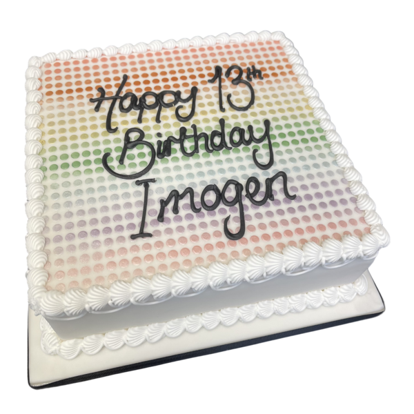 Colorful spotty rainbow cake with vibrant layers and fun design, ideal for celebrations and special occasions.