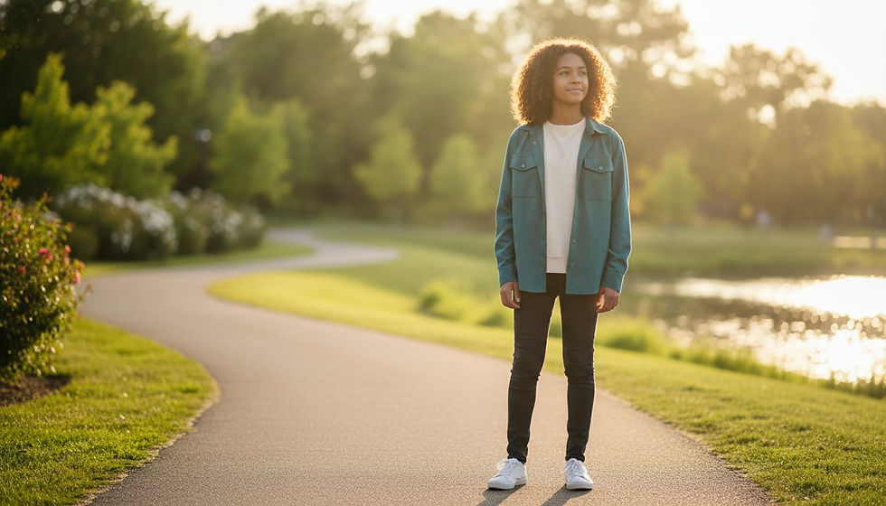 An African American teen girl standing on a sidewalk in the park looking out over the lake. This represents the need for self-esteem counseling katy, tx and counseling for teen depression katy, tx 77494.