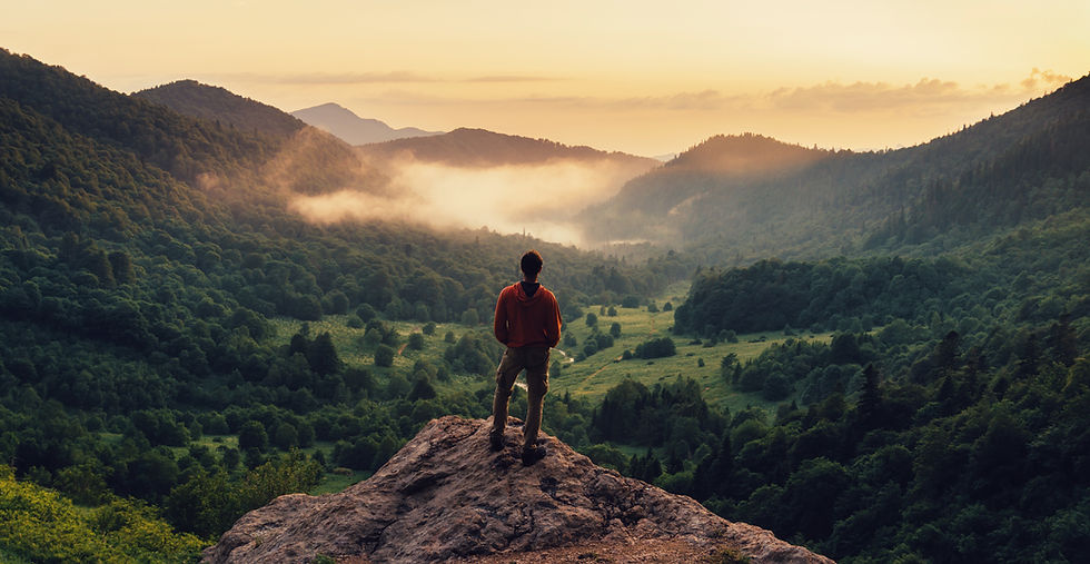 Man on mountain overlooking valley. Represents journey in neurofeedback in katy texas 77494. Also represents neurofeedback counseling in houston texas.