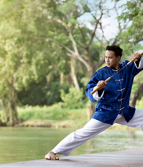 Man in Blue Practicing Kung Fu