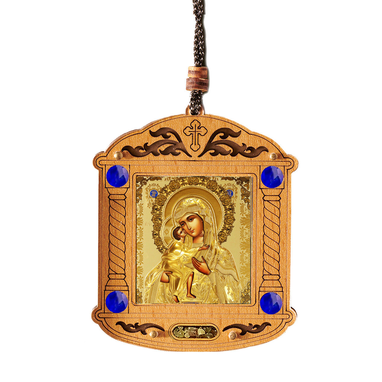 Orthodox Madonna and Child Jesus Christ - Wooden Shrine pendant on rope