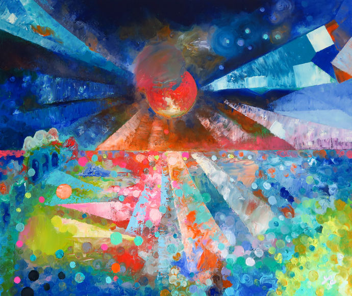 This artwork captures a fleeting moment of the morning sea in Japan. The moisture rising from the ocean fills the air, reflecting the bright red light of the sun. The red glow of the sun spreads through the air, and abstractly depicted light and colorful water splashes convey the energy of a new day beginning.