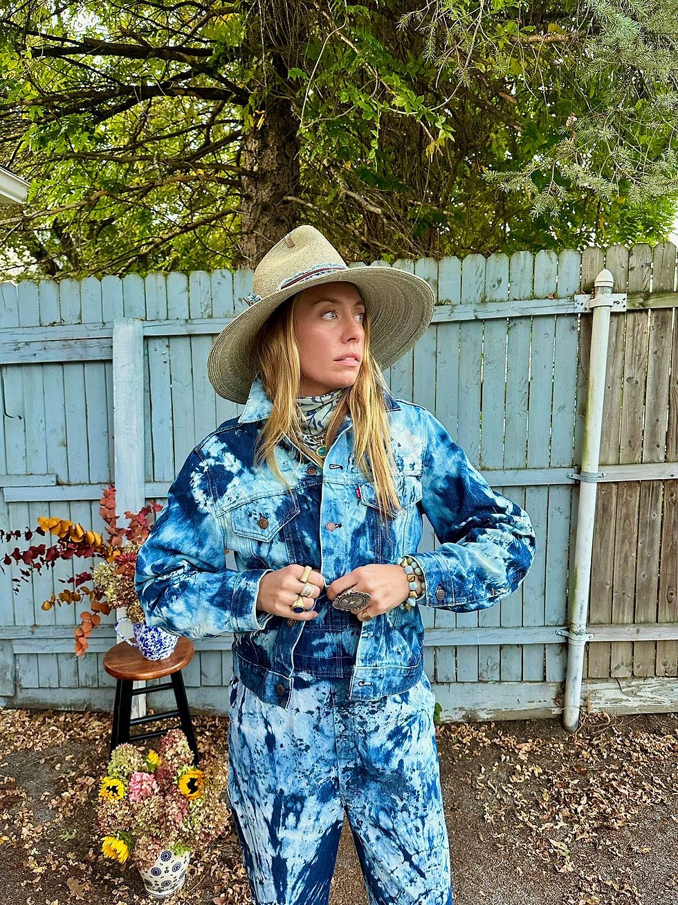 Two complete reworked-denim looks by Krop Jeans.