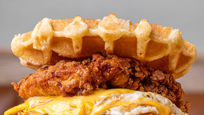 Fried chicken, two fried eggs and cheese between two Liège waffles at Beacon Daily in Beacon, New York