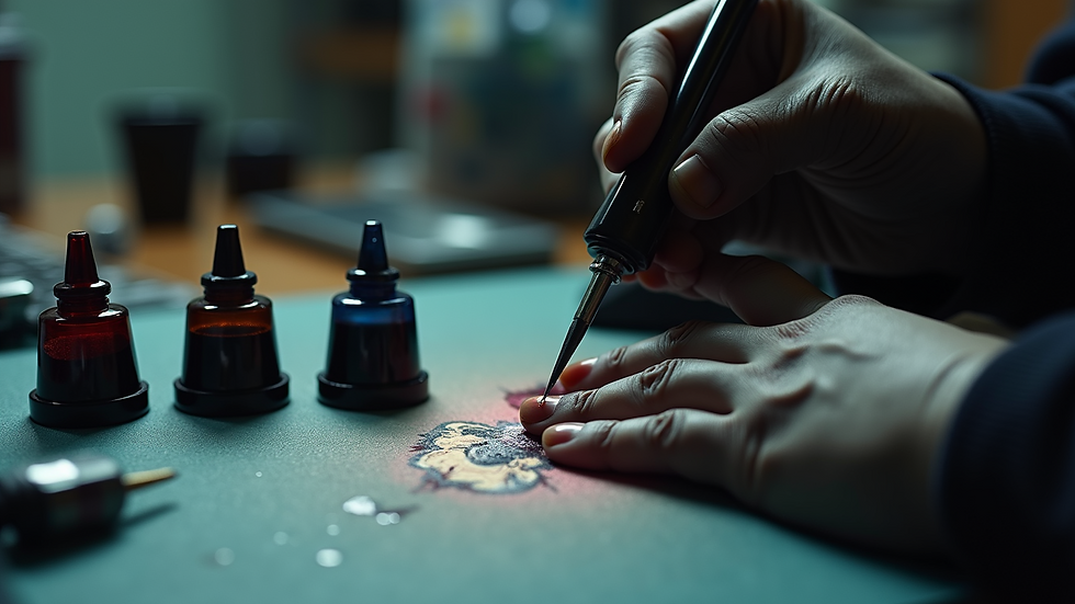 Close-up view of tattoo machine and ink cups