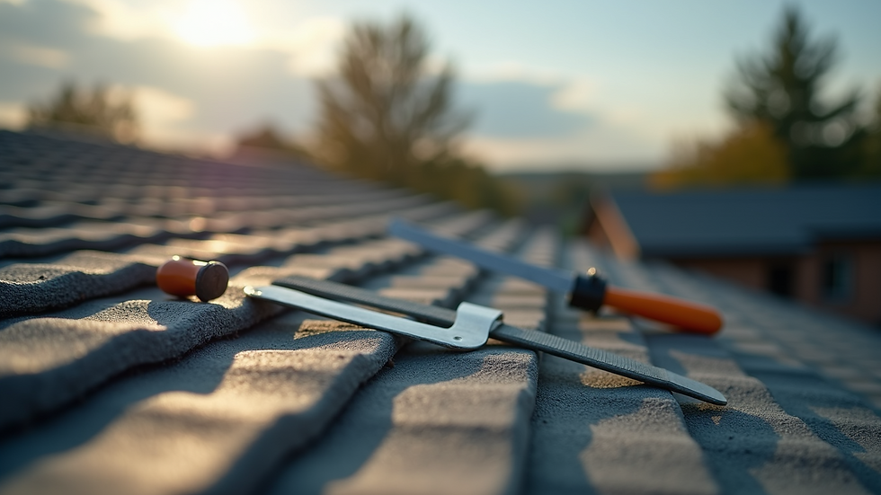 Close-up view of roofing materials and tools on a roof
