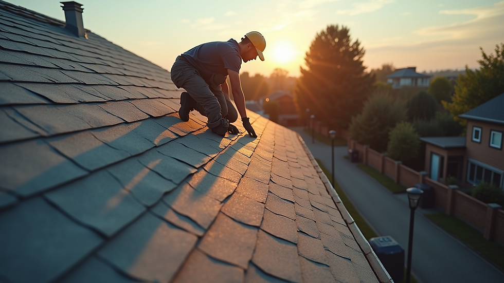 High angle view of roofing crew installing shingles on a residential roof