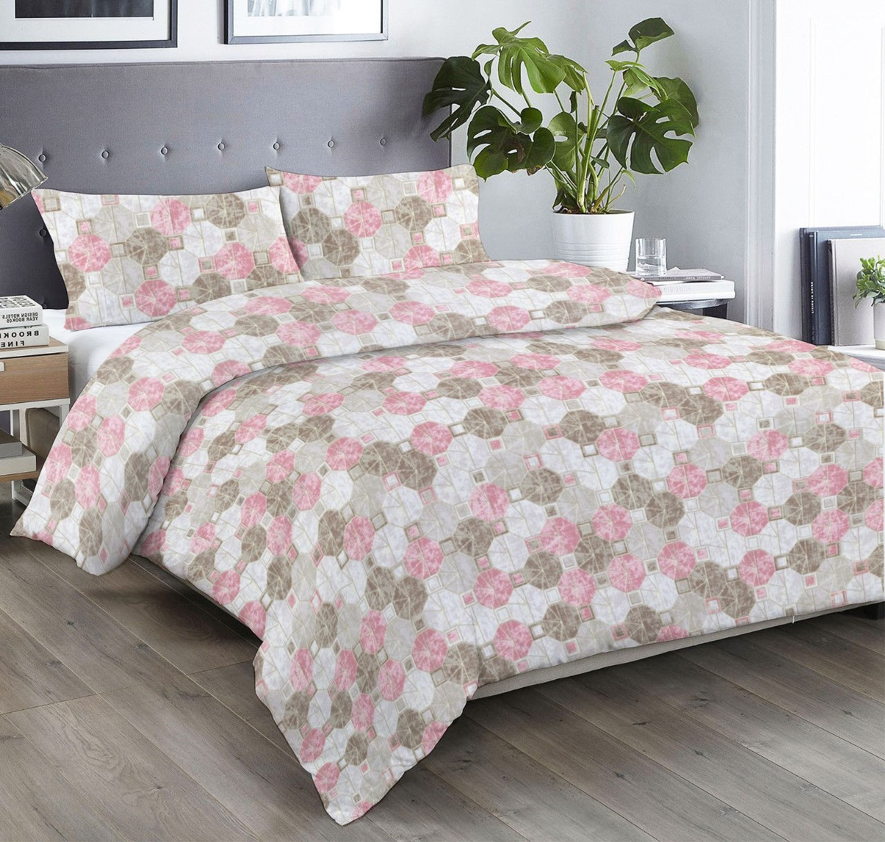 CAN Comforter Set, Pink Brown White Octagon Pattern Bedding Set, Bed in a Bag