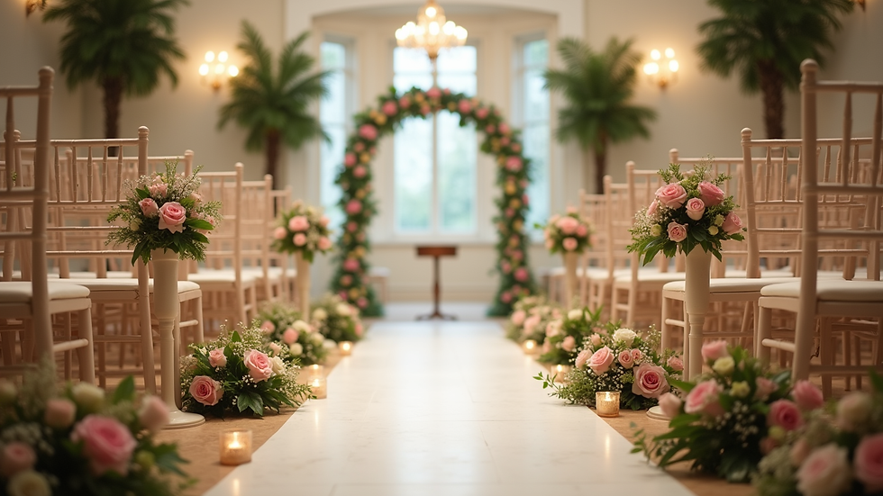 Eye-level view of a beautifully decorated wedding venue with floral arrangements