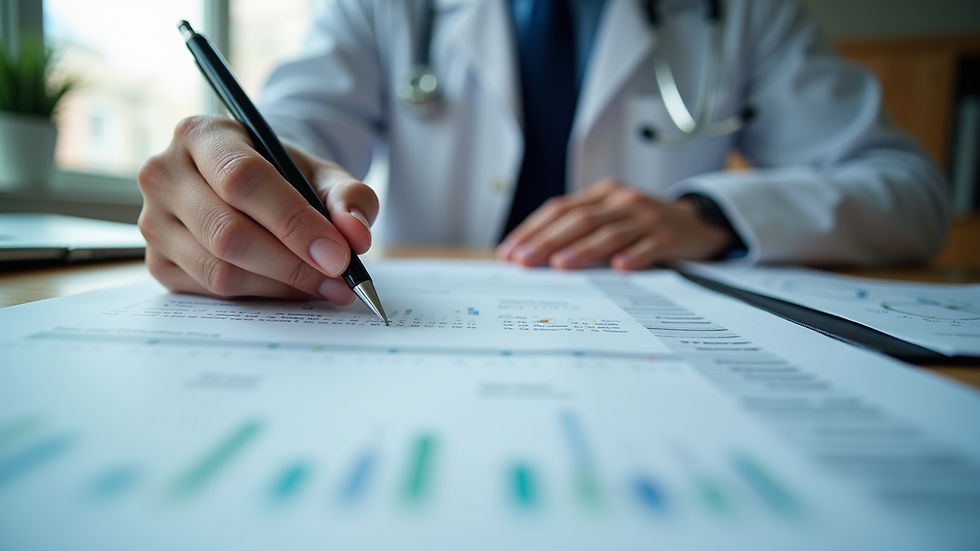 Close-up view of a healthcare billing specialist analyzing revenue cycle reports
