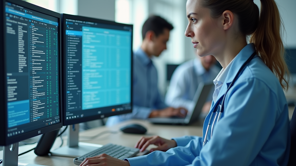 Eye-level view of a healthcare professional reviewing billing data on a computer screen