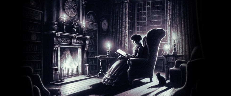 Una mujer leyendo historias de terror junto a la chimenea