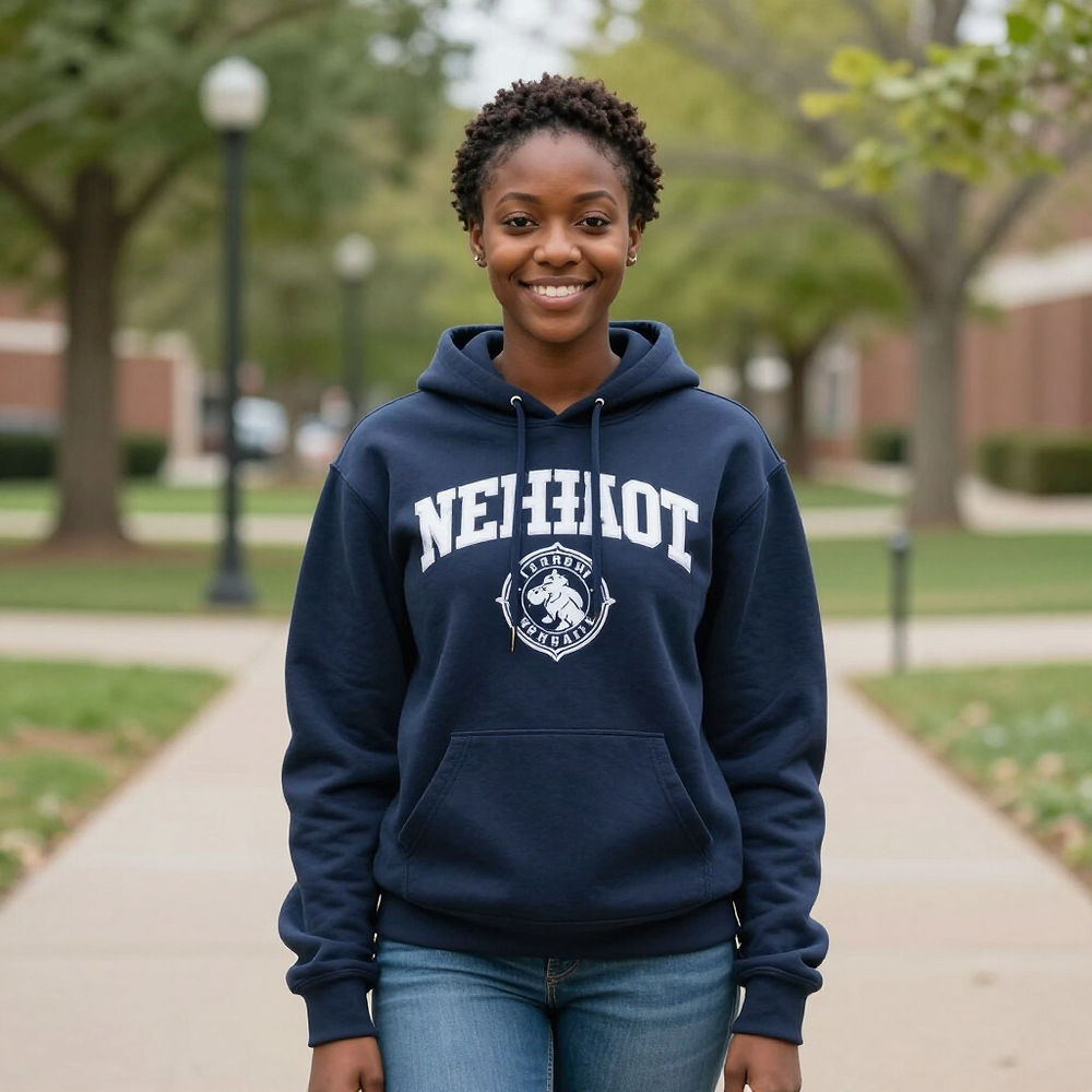 Young woman in a Newport hoodie smiling on a campus path