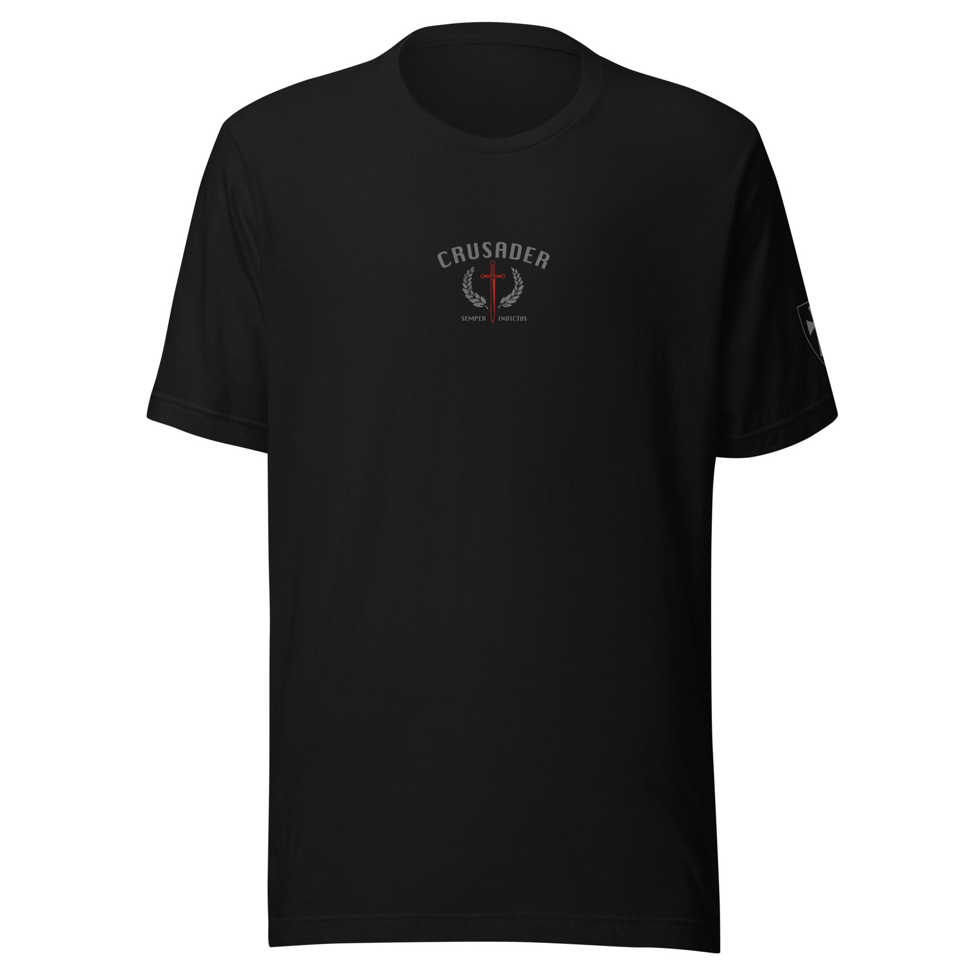 Crusader - Tactical Grey and Crimson Red Crest Logo  - Black T-shirt
