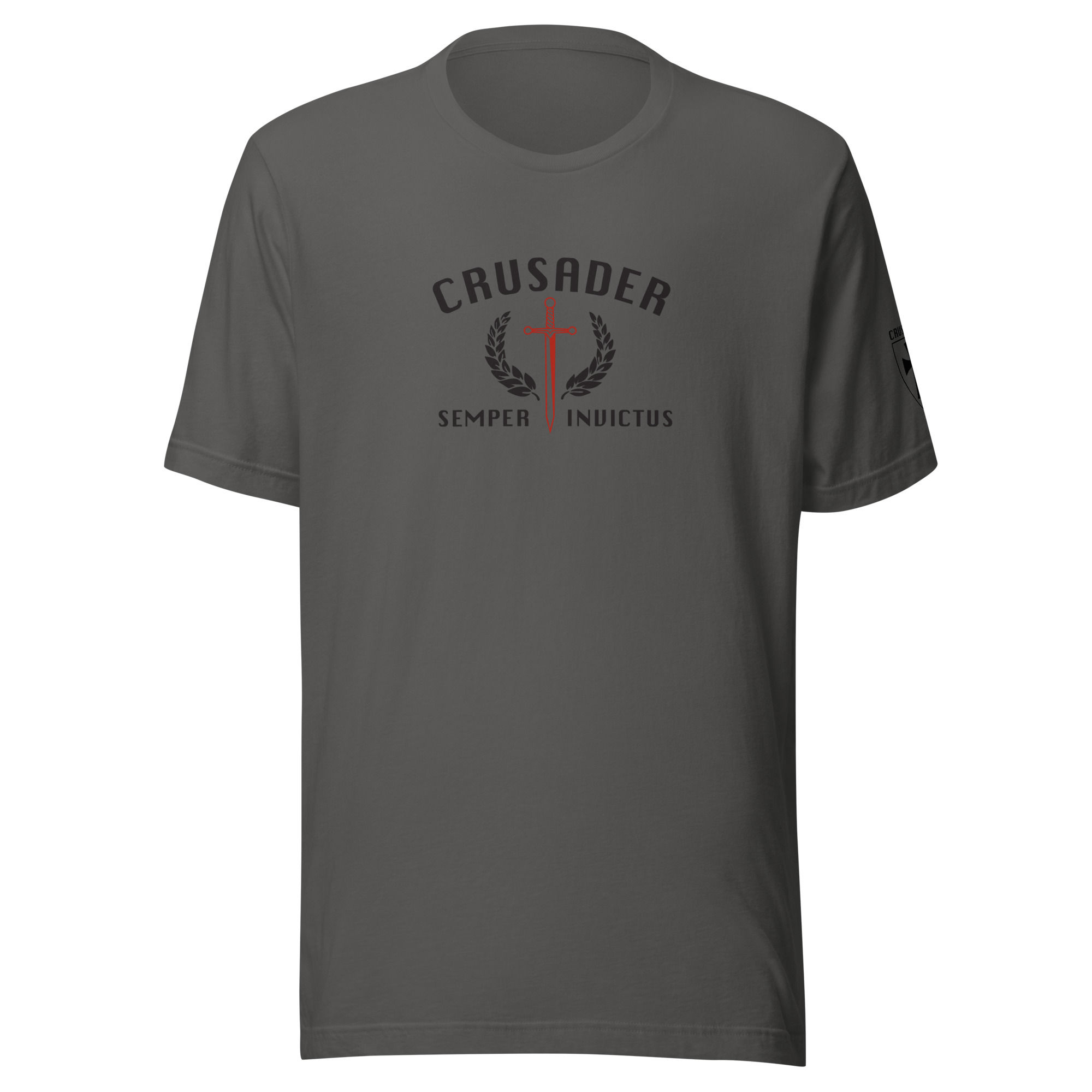 Crusader - Tactical Black and Crimson Red Crest Logo - Gray T-shirt