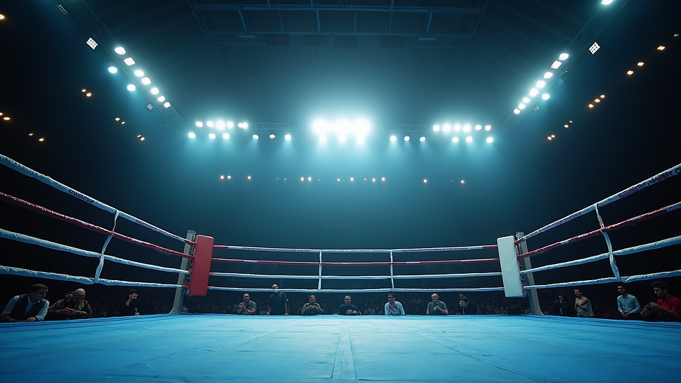 Eye-level view of a boxing ring with bright stadium lights