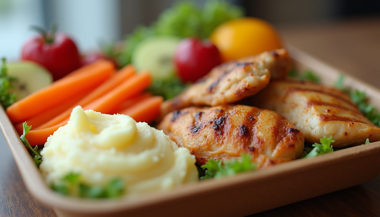 Eye-level view of a colorful sensory-friendly lunch tray with soft and crunchy food options