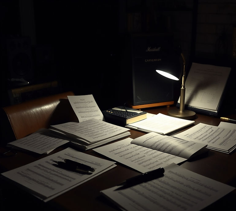a studio table at night filled with a songwriters papers and pen, and lamp.jpg