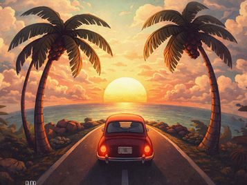 A stylized, high-definition digital illustration for a lofi track titled "Tropical Innuendo." The image uses a fisheye lens perspective to show a vintage red car driving down the center of a coastal road toward a massive, glowing orange sun on the horizon. Two tall, curved palm trees frame the road on either side. The sky is filled with soft, textured clouds illuminated in shades of amber, peach, and gold, creating a "brass-lit" sunset glow. The surrounding landscape features lush tropical greenery and the distant ocean under a warm, nostalgic atmosphere.