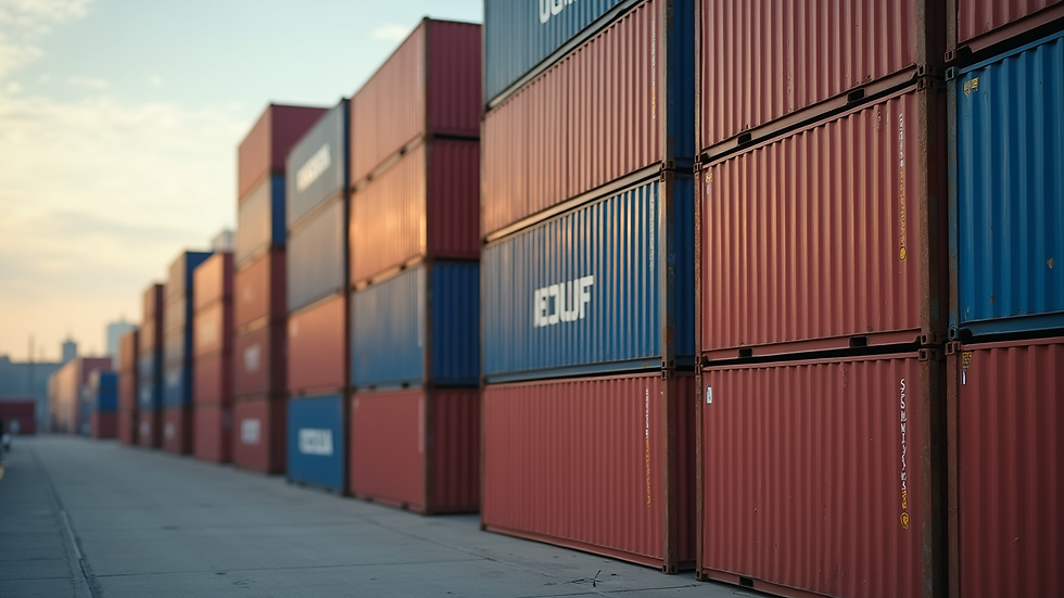 Close-up view of shipping containers stacked at a logistics yard
