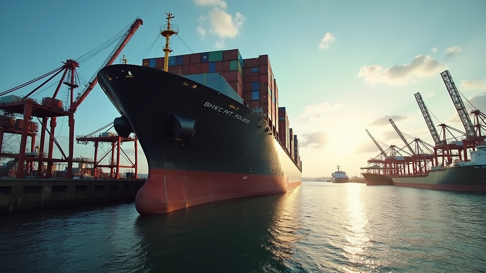 Eye-level view of a large cargo ship docked at a busy port