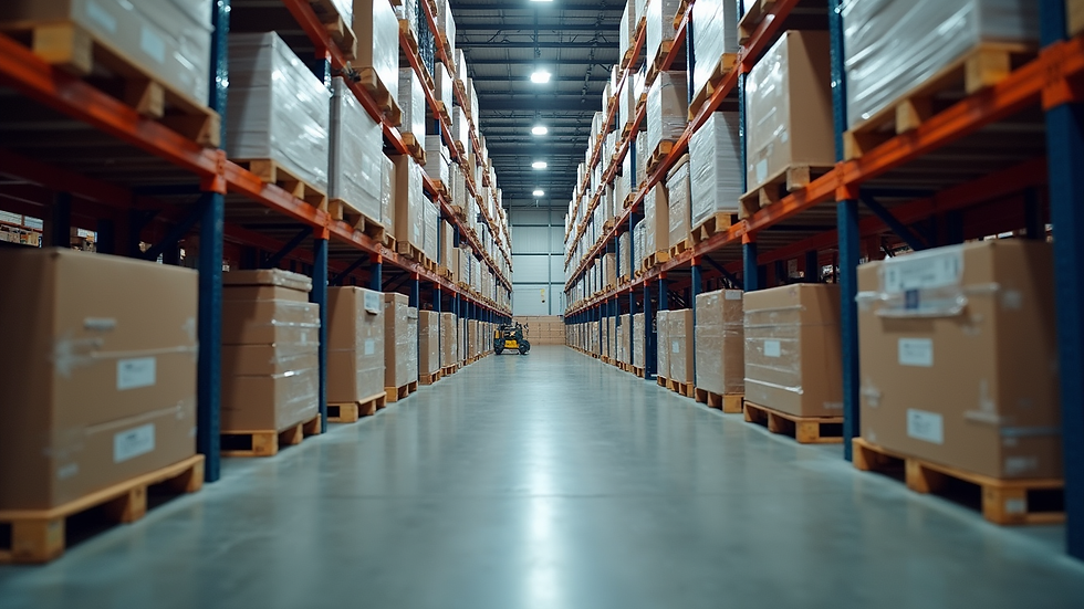 Eye-level view of a freight forwarding warehouse with stacked cargo pallets