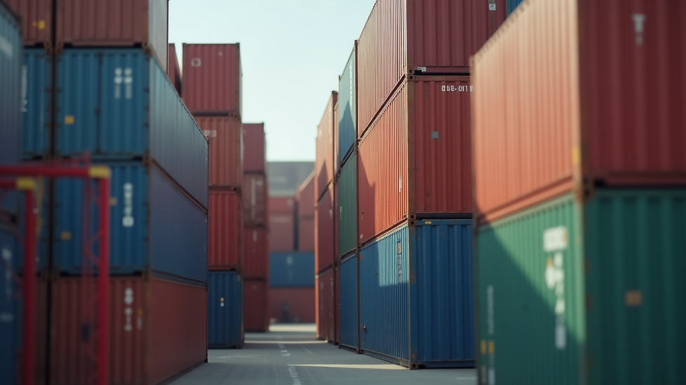 Close-up view of stacked shipping containers at a freight terminal