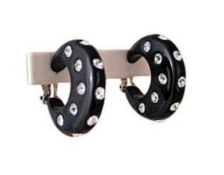 Thumbnail: VINTAGE KENNETH JAY LANE BLACK LUCITE AND CRYSTAL HOOP CLIP ON EARRINGS