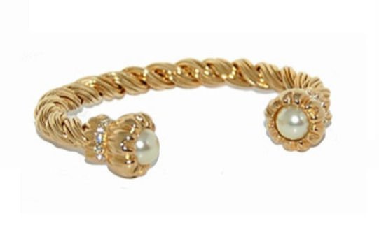 VINTAGE PEARL AND CRYSTAL GOLD TORQUE CUFF BRACELET